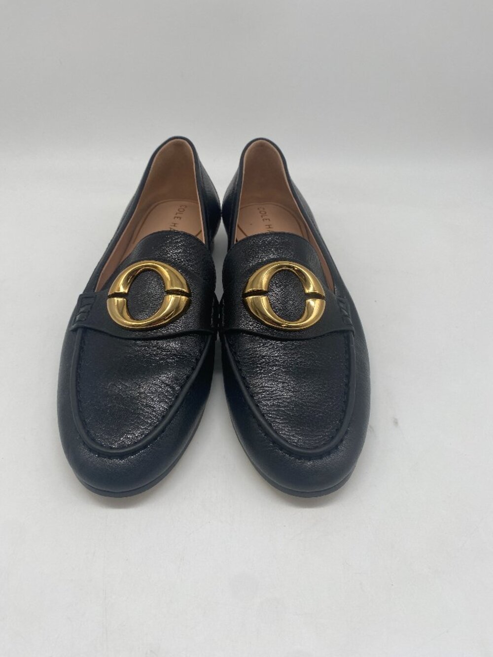 Cole Haan Women's Black Leather Loafers with Gold Buckle